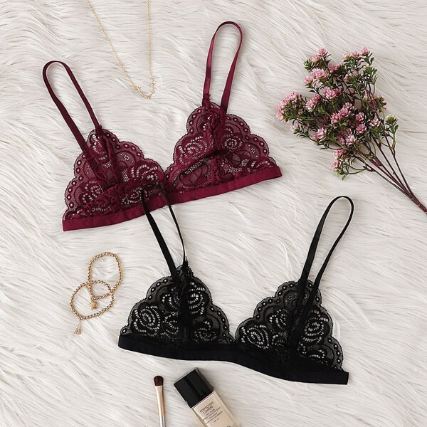 

Scalloped Trim Lace Bralette Set 2pcs