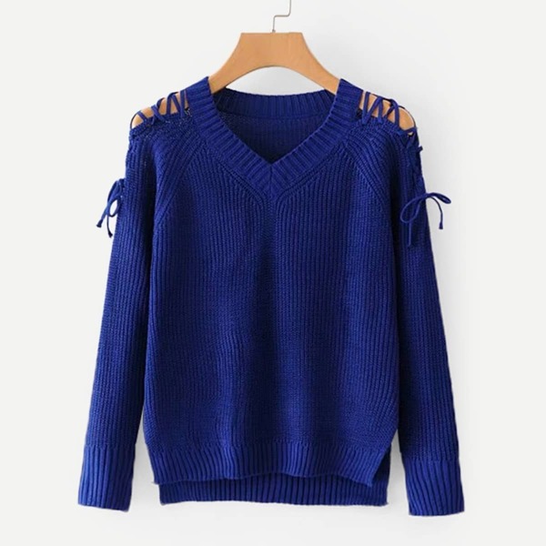 

Lace-Up Shoulder Slit Side High Low Jumper