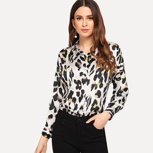 

Curved Hem Leopard Blouse, Multicolor
