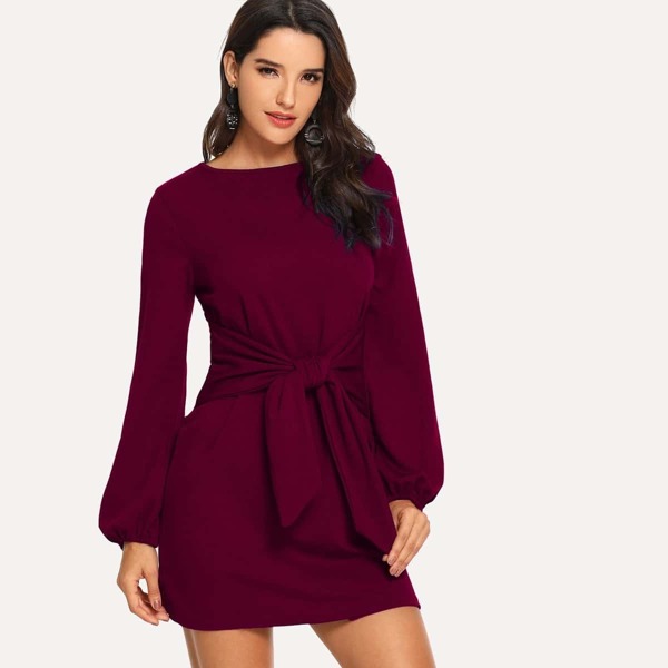 

Knot Waist Solid Dress, Burgundy