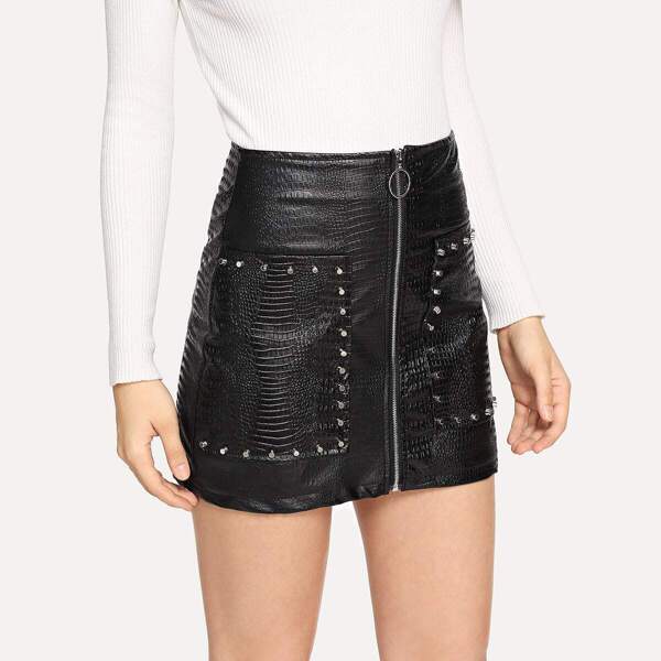 

Zip Up Crocodile Faux Leather Skirt