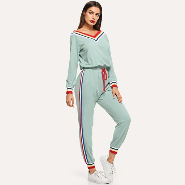

Contrast Striped Trim Drawstring Waist Jumpsuit, Green