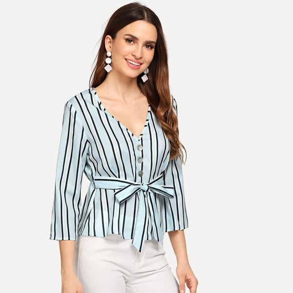 

Button Front Belted Striped Peplum Top, Green