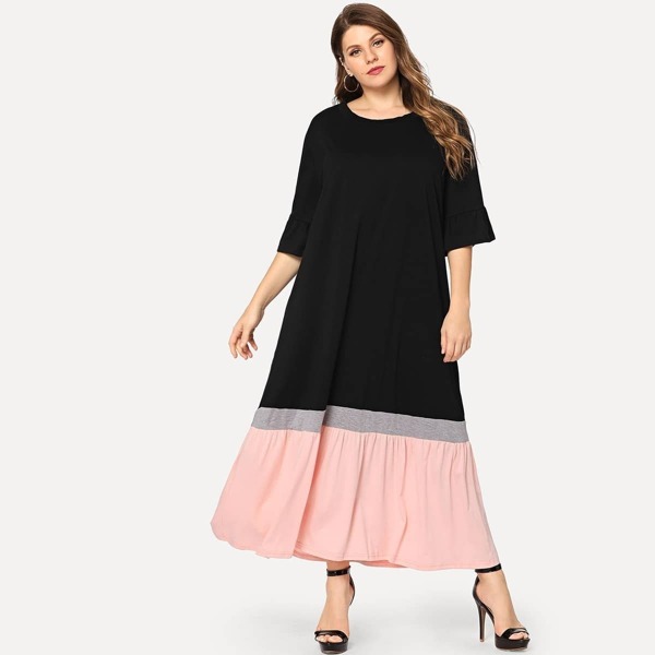 

Plus Flounce Sleeve Cut And Sew Dress, Multicolor