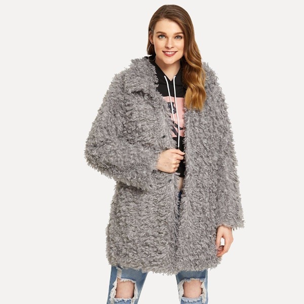 

Collared Faux Shearling Coat, Grey