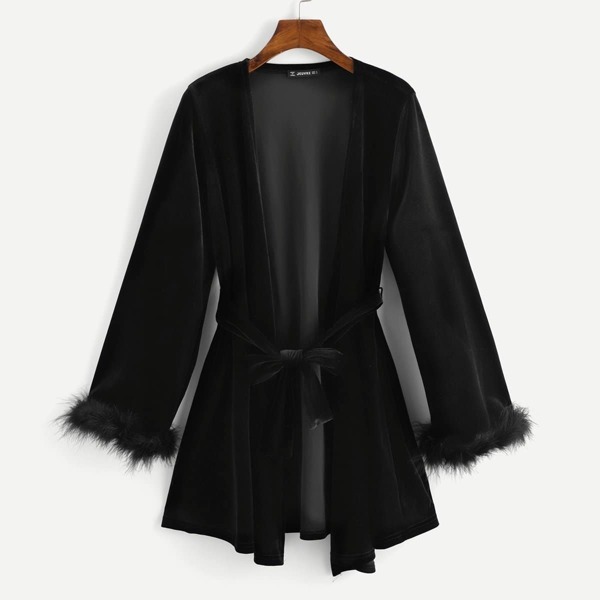 

Faux Fur Cuff Velvet Longline Coat, Black