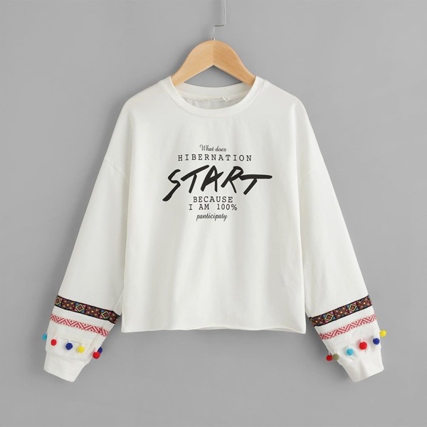 

Girls Pom Pom Detail Letter Print Pullover