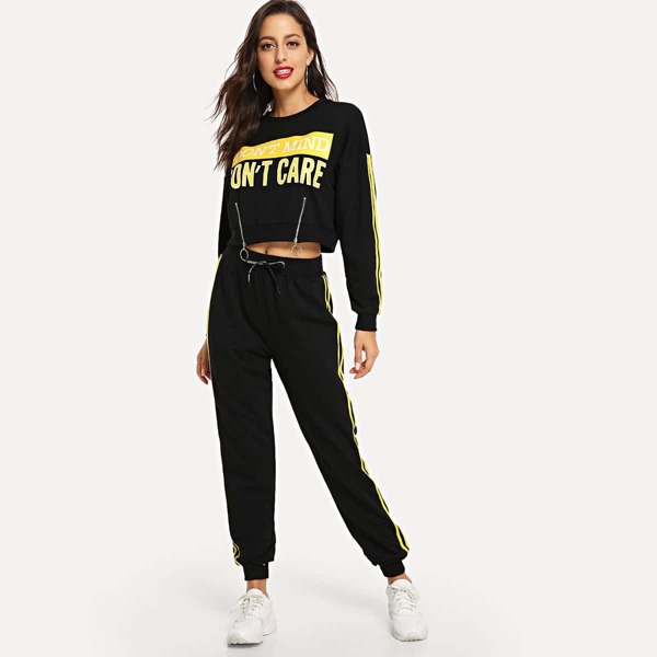 

Zip Detail Sweatshirt & Striped Pants Set