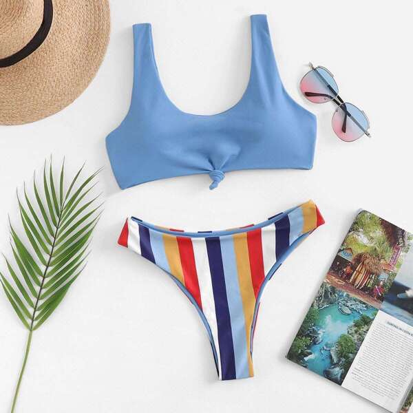 

Twist Tank Top With Striped Bikini Set, Multicolor