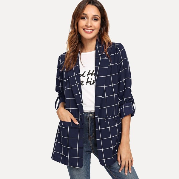 

Dual Pocket Plaid Blazer, Navy