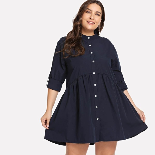 

Plus Button Decoration Solid Dress, Navy