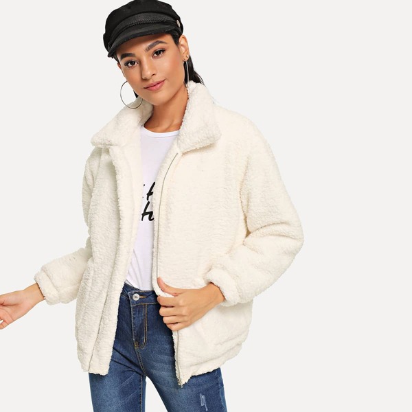 

Zipper Solid Teddy Jacket, White