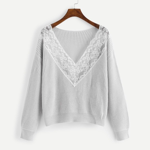 

Contrast Lace Solid Sweater, Grey