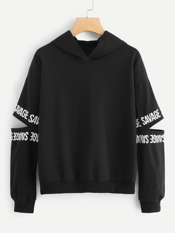 

Letter Print Hooded Sweatshirt, Black