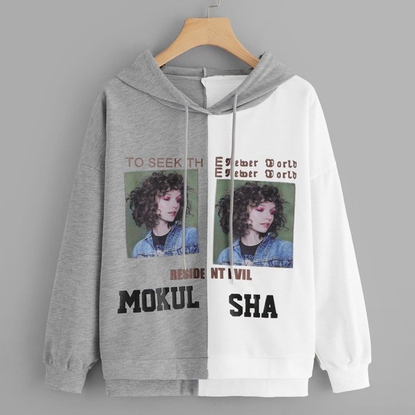 

Figure And Letter Print Hooded Sweatshirt