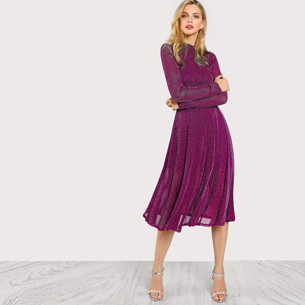 

Button Keyhole Mock-neck Glitter Flowy Dress