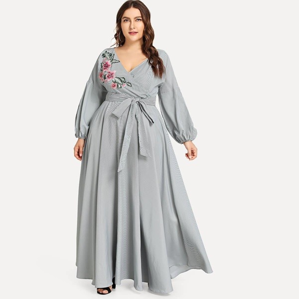

Plus Applique Balloon Sleeve Wrap Dress, Black and white