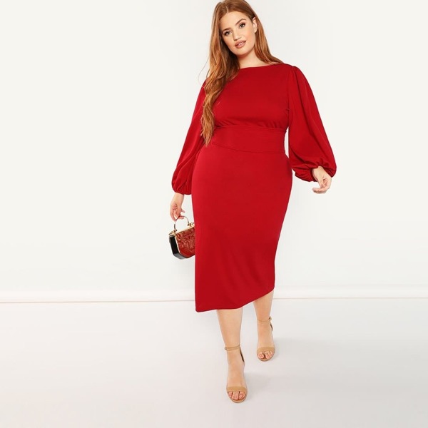 

Plus Balloon Sleeve Belted Pencil Dress