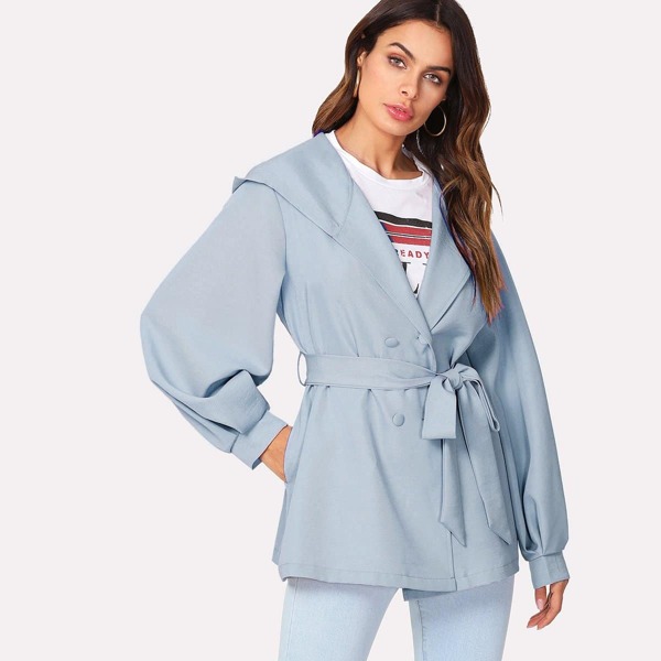

Self Belted Hoodie Coat, Baby blue