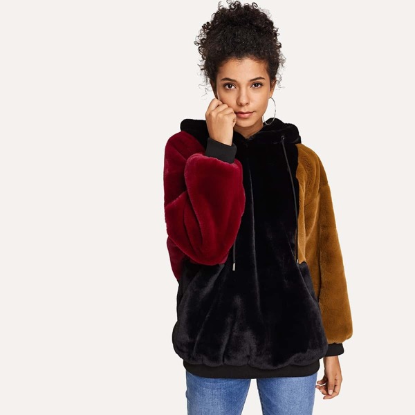 

Color Black Faux Fur Hoodie, Multicolor