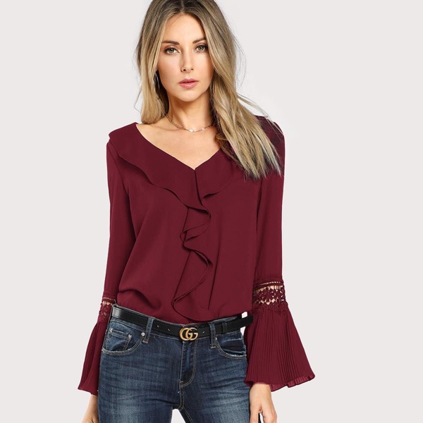 

Ruffle Neck Lace Insert Pleated Cuff Top, Burgundy