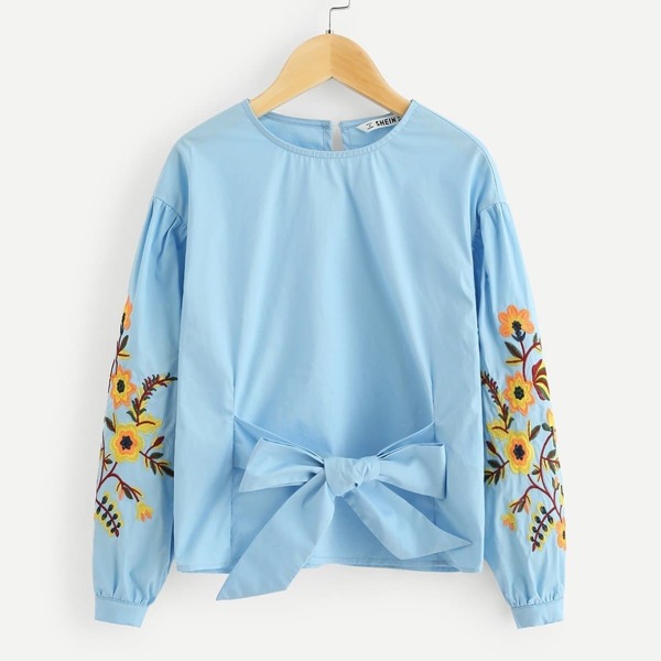 

Girls Knot Front Keyhole Back Embroidered Top, Blue