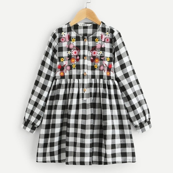 

Girls Botanical Embroidered Yoke Plaid Dress, Black and white