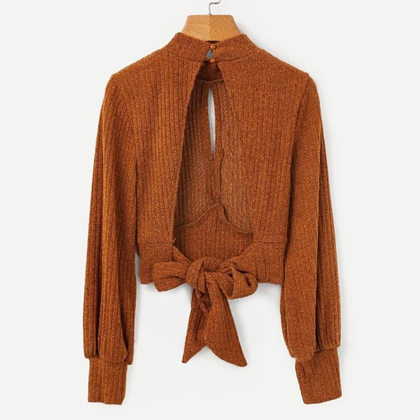 

Open Back Knot Detail Crop Sweater, Brown