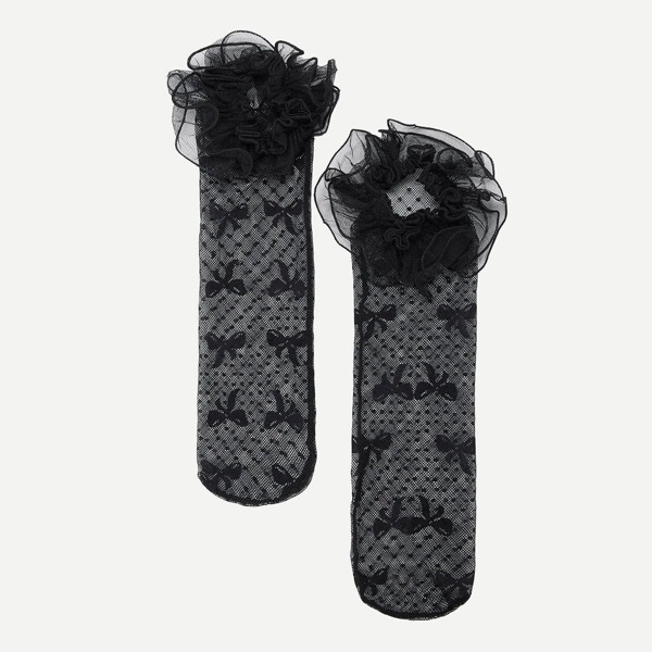 

Girls Bow Print Net Socks 1pair, Black