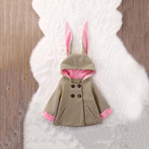 

Toddler Girls Rabbit Ears Decoration Pocket Front Hooded Coat, Khaki