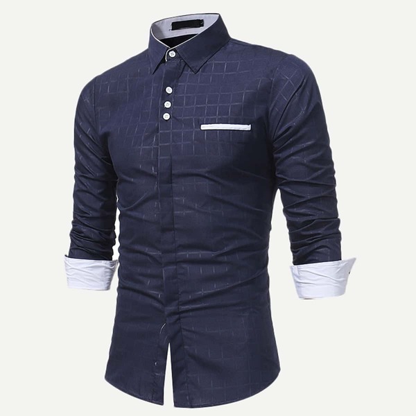 

Men Grid Collar Button Up Shirt, Navy