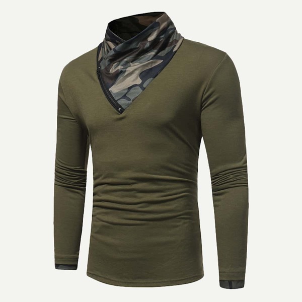

Men Zipper Decorated Contrast Neck Tee, Army green