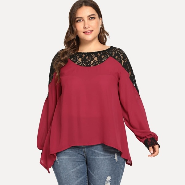 

Plus Contrast Lace Blouse, Burgundy