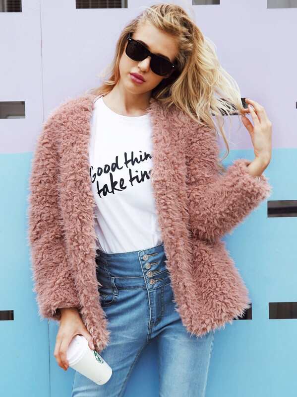 

Solid Shearling Teddy Coat, Pink