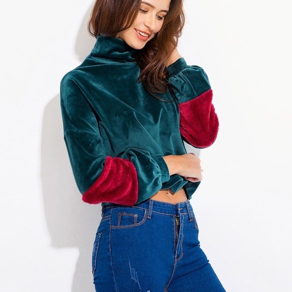 

Velvet Color Block High Neck Sweatshirt