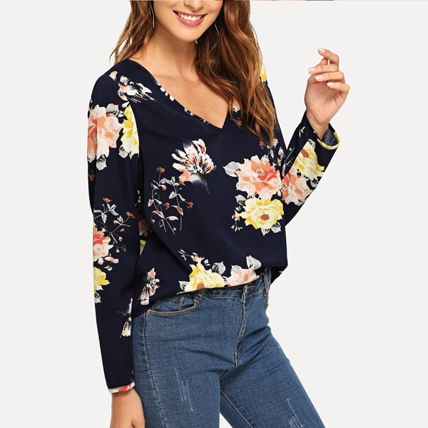 

V Neck Floral Print Top, Multicolor