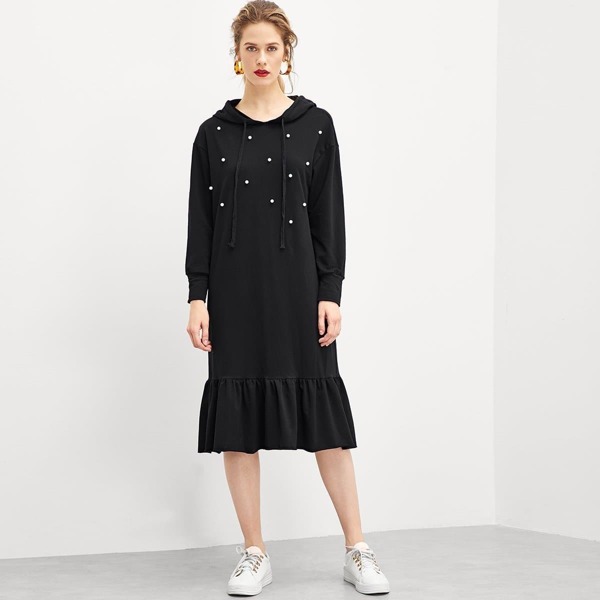 

Pearls Beaded Ruffle Hem Dress, Black