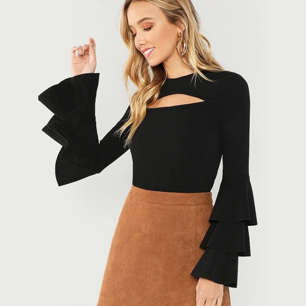 

Cut Out Tiered Sleeve Top, Black