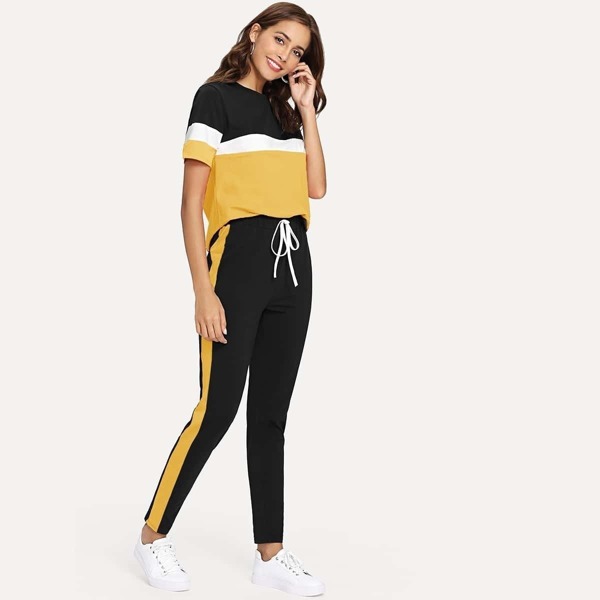 

Color Block Tee & Drawstring Tape Pants Set, Multicolor
