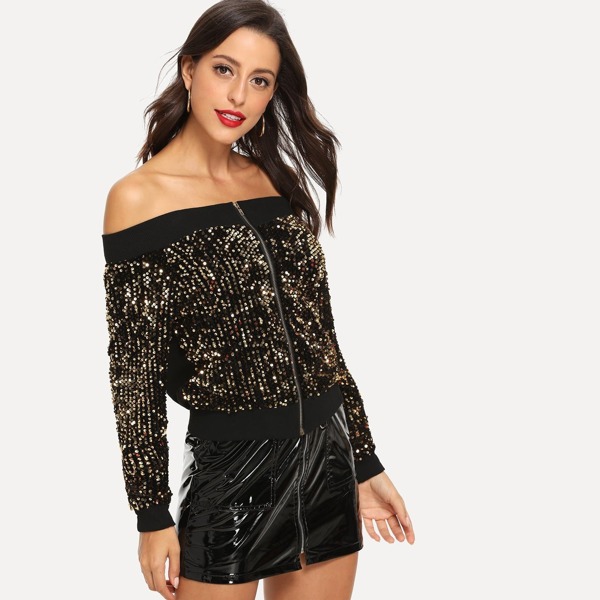 

Off Shoulder Contrast Sequin Jacket