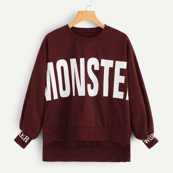 

Letter Print High Low Sweatshirt, Burgundy