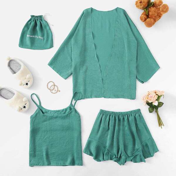 

4Pcs Solid Ruffle Hem Pajama Set, Green
