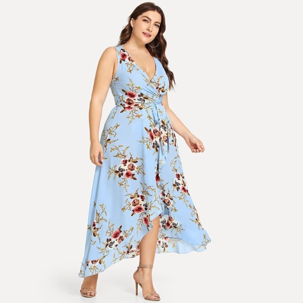 

Plus Floral Print Belted Wrap Dress, Blue