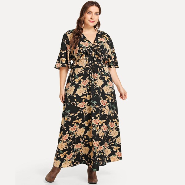

Plus Bell Sleeve Floral Print Drawstring Dress