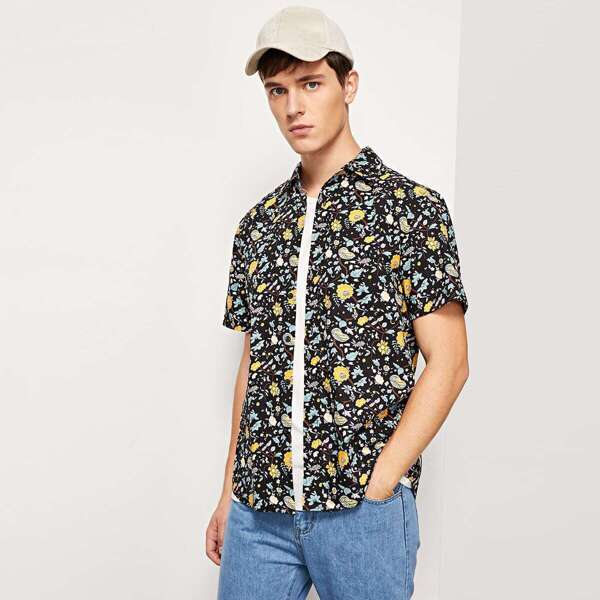 

Men Calico Print Curved Hem Shirt