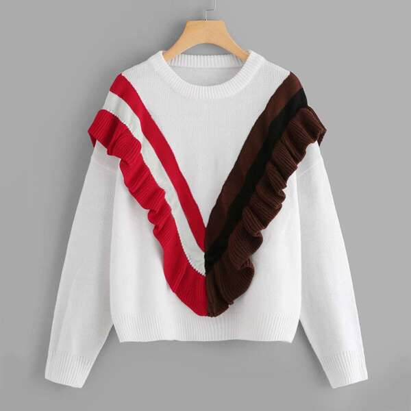 

Plus Ruffle Embellished Striped Sweater, White