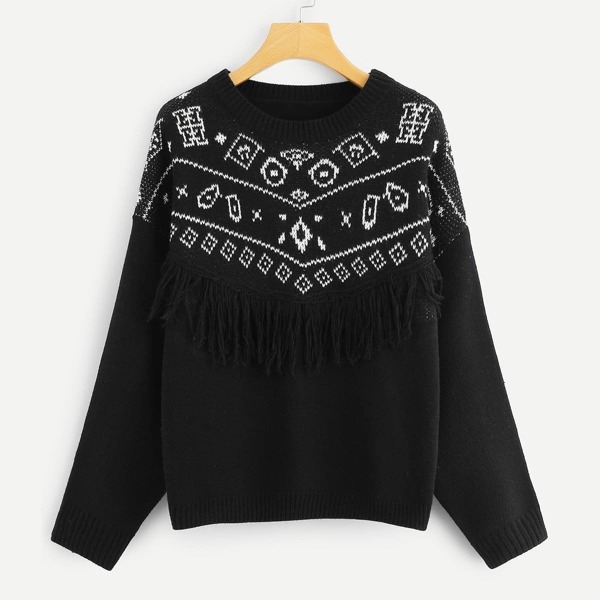 

Plus Fringe Detail Geo Sweater, Black