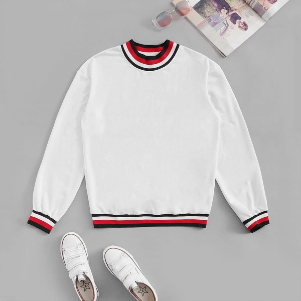 

Striped Trim Pullover, White