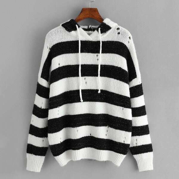 

Plus Drawstring Striped Hoodie Jumper