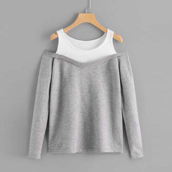 

Cold Shoulder Color Block Sweater, Grey